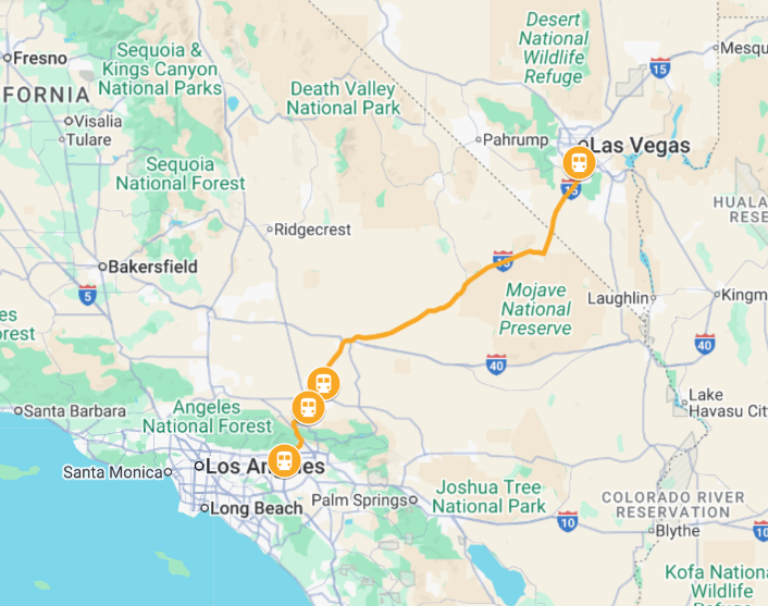Geographical Route Map of California HIgh Speed Rail and Brightline West